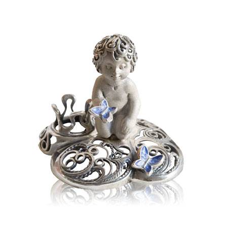 Серебряная миниатюра-подсвечник Ангел с бабочками на облаке