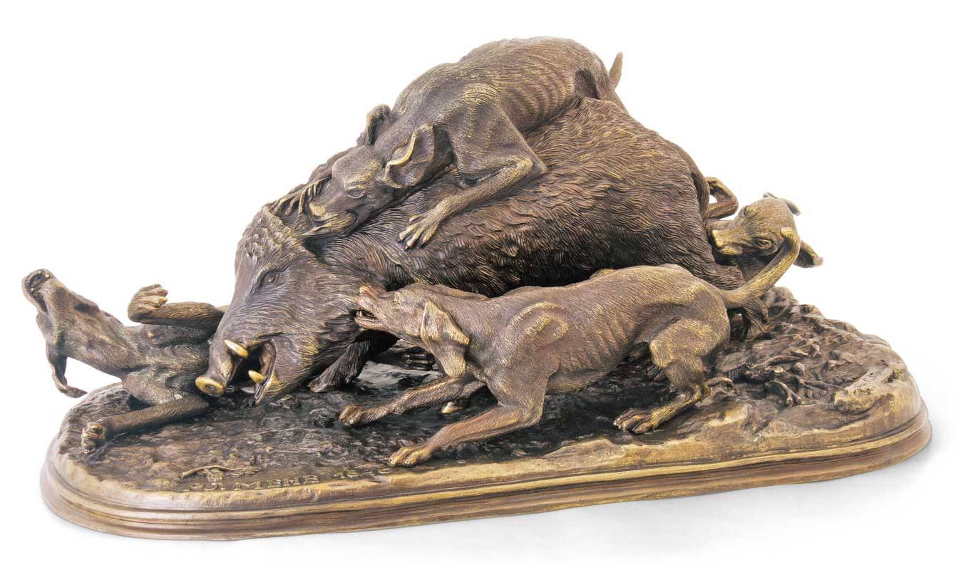 Бронзовая скульптура Кабан, затравленный собакамиФото 15370-01.jpg