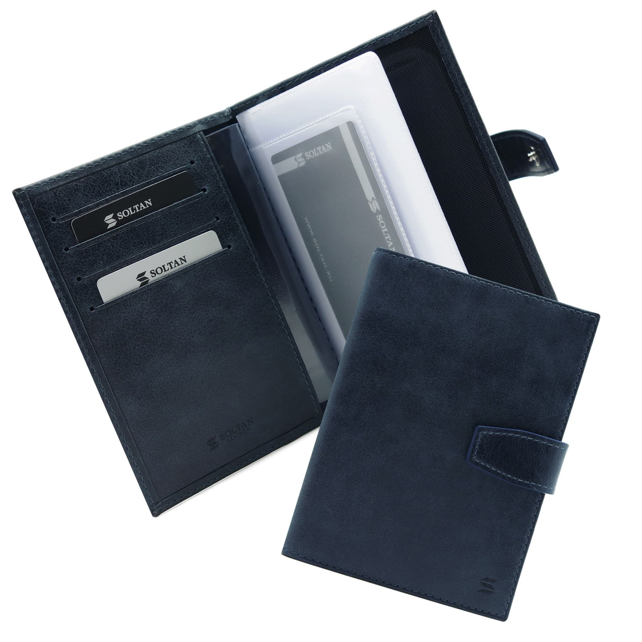 Синяя кожаная обложка для автодокументов и паспорта SOLTAN 075 11 17
