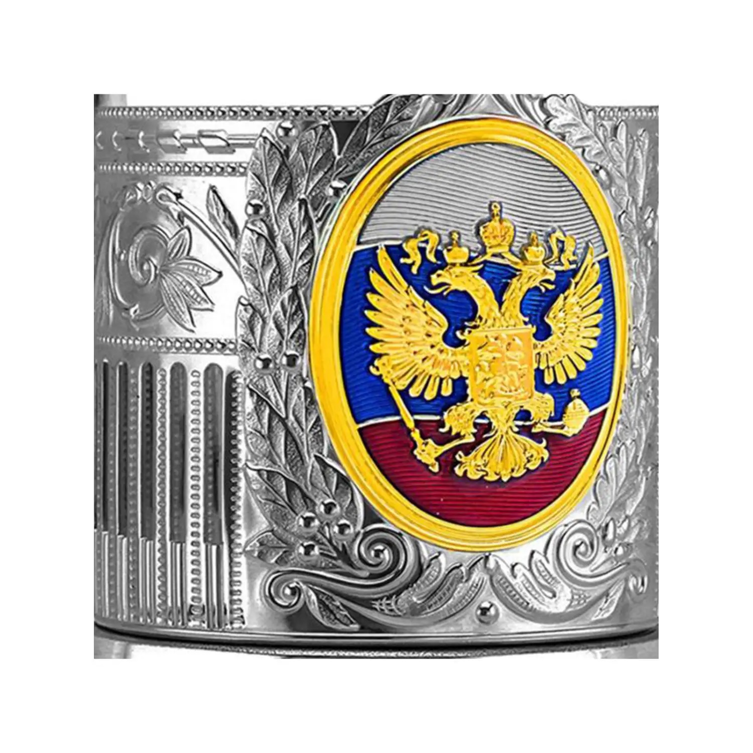 Никелированный подстаканник Герб РФ с позолотой и открыткой