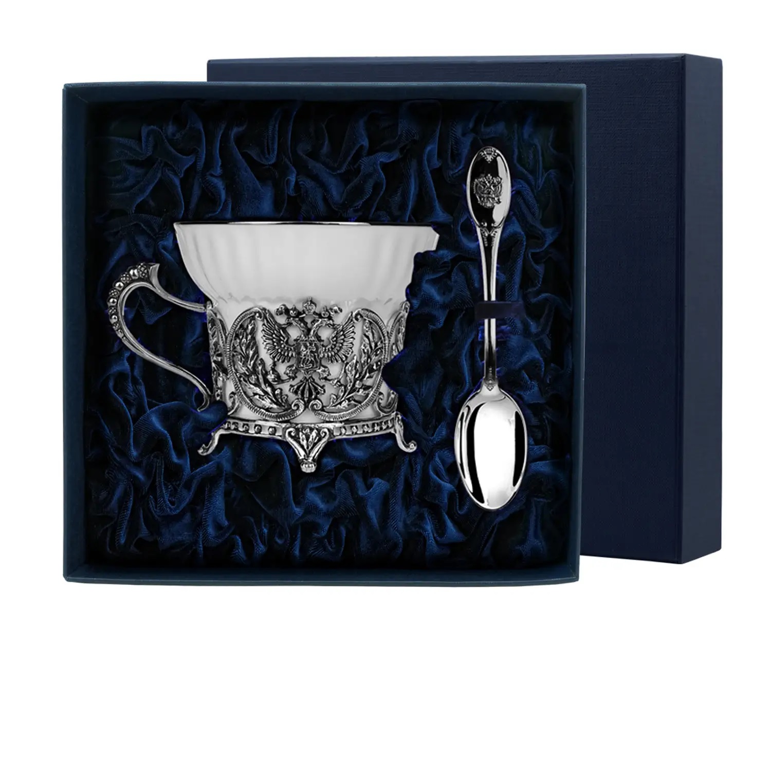 Серебряный набор чайная чашка Герб с чернением с ложкой 