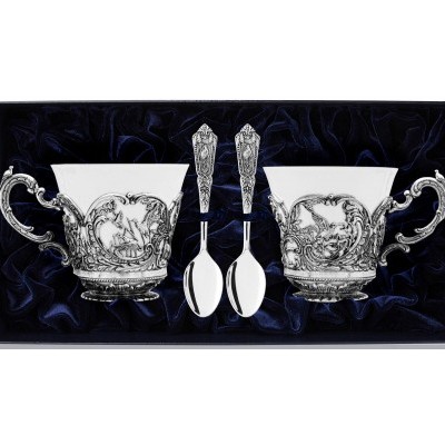 Серебряный набор чайная пара Королевская охота с ложками