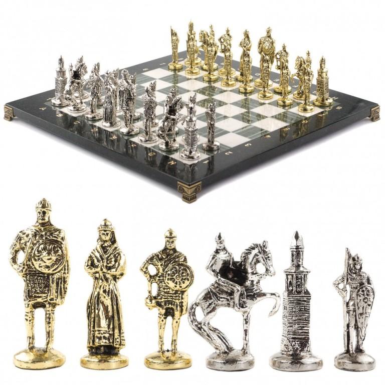 Шахматы с металлическими фигурами "Русь" доска 40х40 см из камня офиокальцит Фото 23903-01.jpg