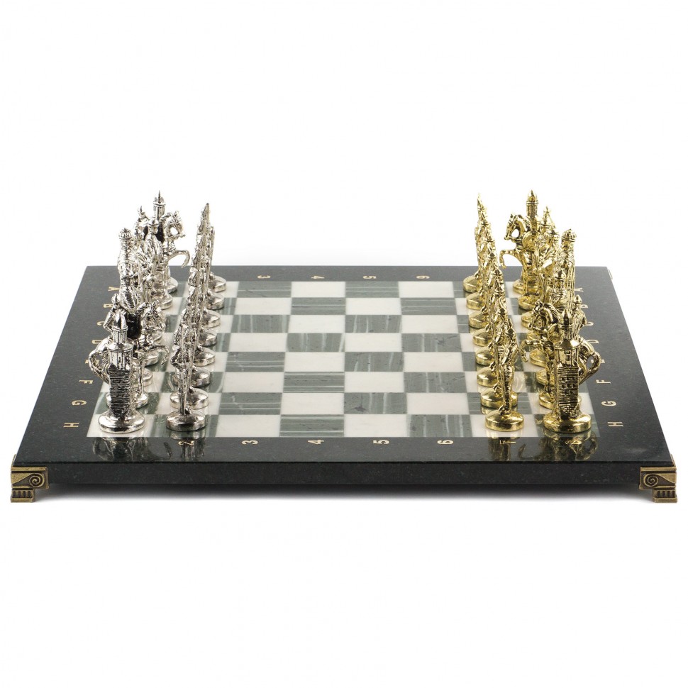 Шахматы с металлическими фигурами "Русь" доска 40х40 см из камня офиокальцит Фото 23903-02.jpg
