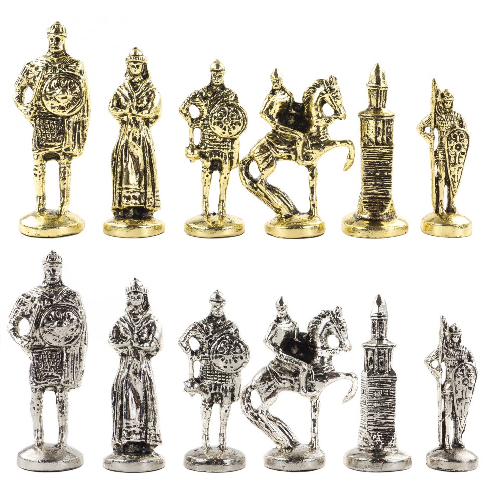 Шахматы с металлическими фигурами "Русь" доска 40х40 см из камня офиокальцит 