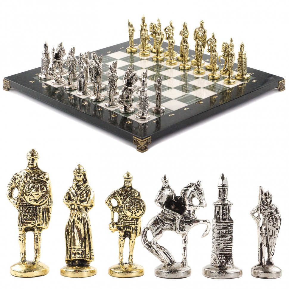 Шахматы с металлическими фигурами "Русь" доска 40х40 см из камня офиокальцит Фото 23903-04.jpg
