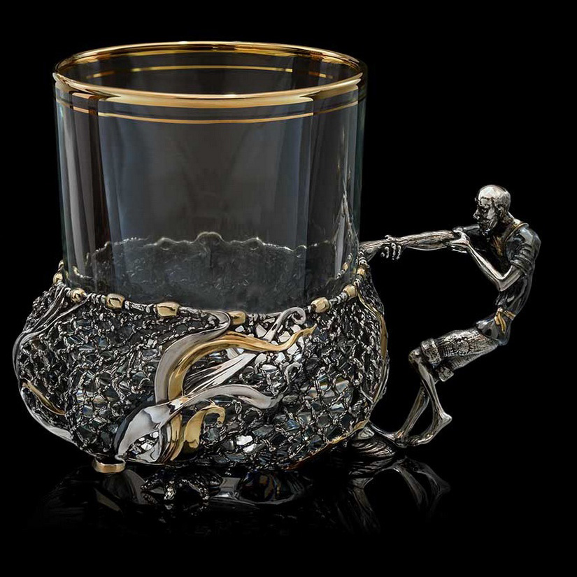 Серебряная набор подстаканник «Старик и невод», чайная ложка