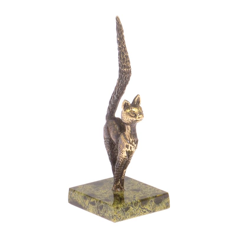 Бронзовая статуэтка Кошка с длинным хвостом на подставке из змеевика