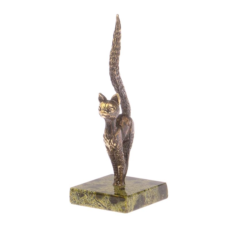 Бронзовая статуэтка Кошка с длинным хвостом на подставке из змеевика