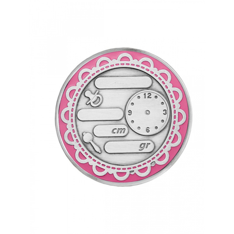 Серебряная медаль С рождением с розовой эмалью