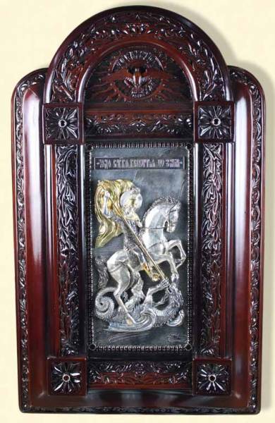 Серебряная икона в деревянном киоте Великомученик Георгий Победоносец
