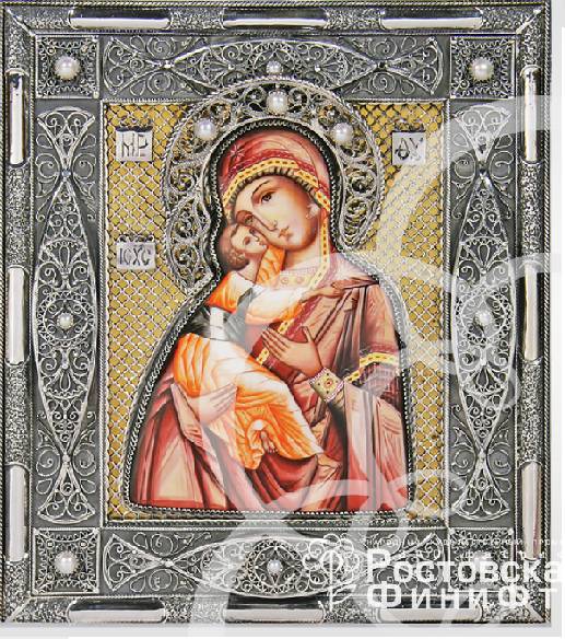 Серебряная икона Богоматерь Владимирская с жемчугом