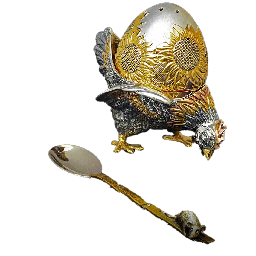 Серебряная набор «Курочка ряба», яйцо-солонка и чайная ложка