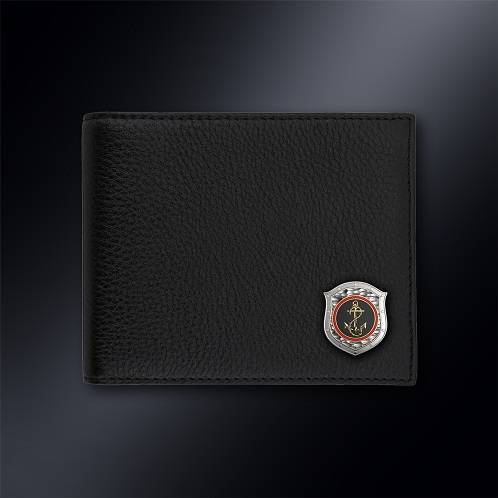 Черное кожаное портмоне с серебряной эмблемой Морская пехота РФ