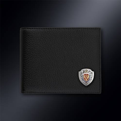 Черное кожаное портмоне с серебряной эмблемой ФСБ РФ