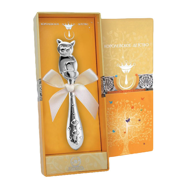 Серебряная детская погремушка Котик в футляре
