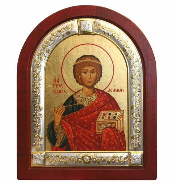 Посеребренная икона Святой Великомученник Пантелеймон маленькая