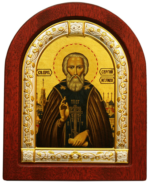 Посеребренная икона Святой преподобный Сергий большая