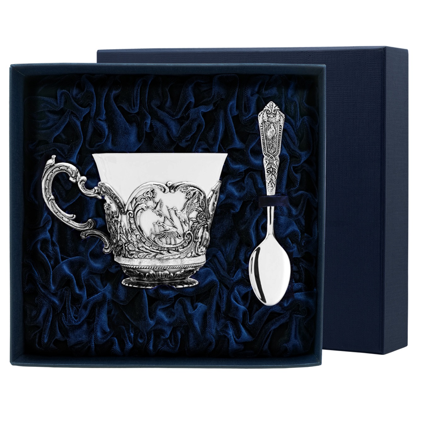 Серебряный набор чайная чашка Королевская охота +ложка