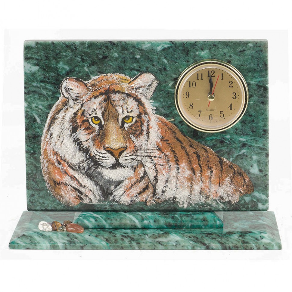 Настольные часы из камня Тигр с рисунком из каменной крошки