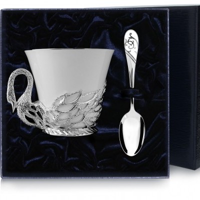 Серебряный набор чайная чашка Лебедь с ложкой
