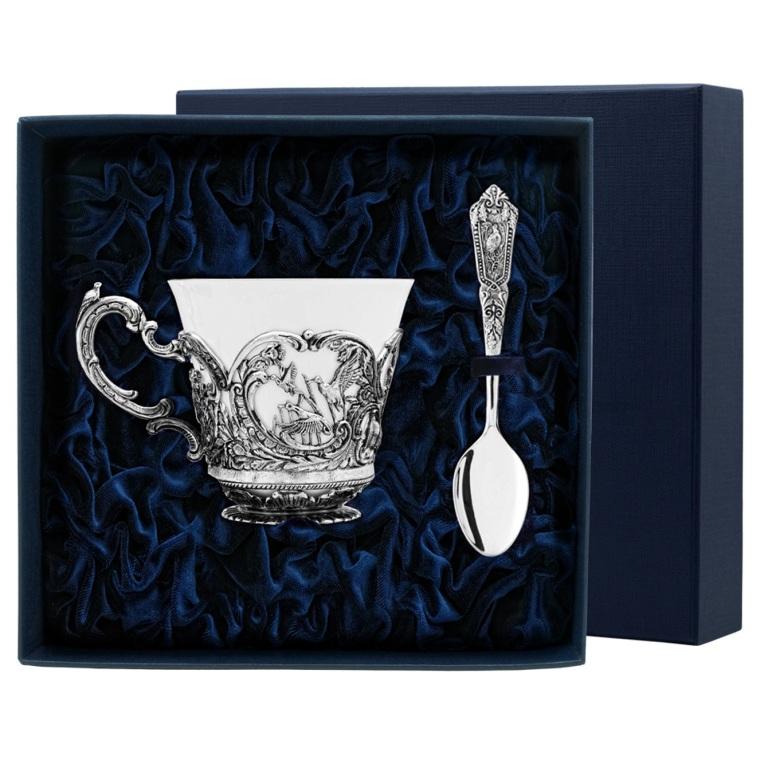 Серебряный набор чайная чашка Королевская охота с ложкой
