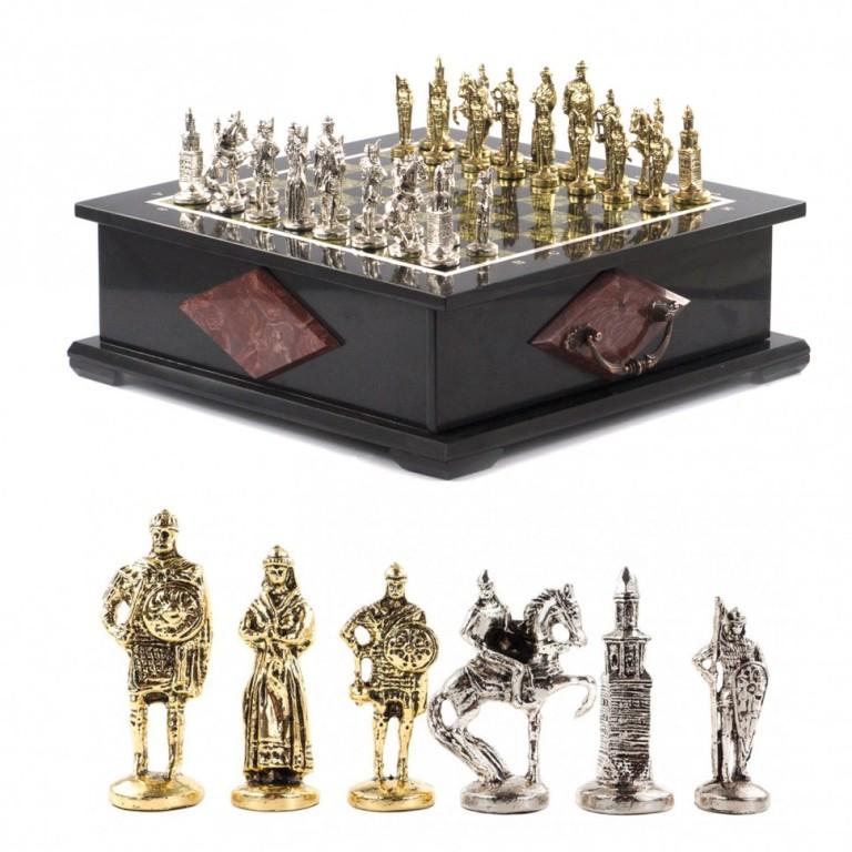 Подарочный шахматный ларец "Русь" с металлическими фигурами 
