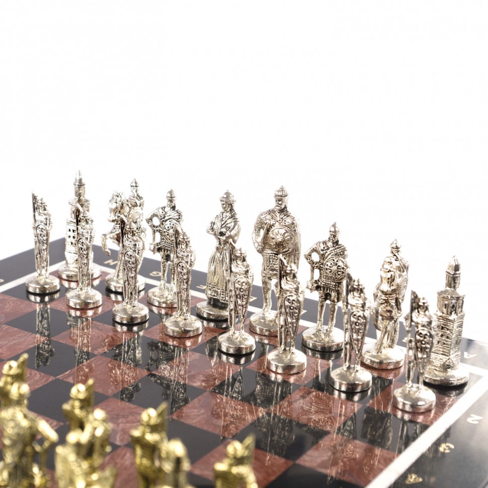 Шахматный ларец из камня с металлическими фигурами "Русь" 