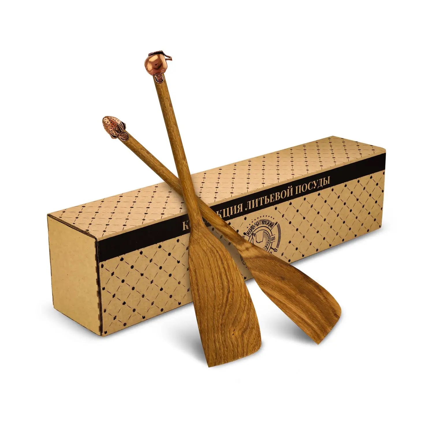 Набор из 2 деревянных лопаток с медными накладками Клубника-Яблоко в коробке