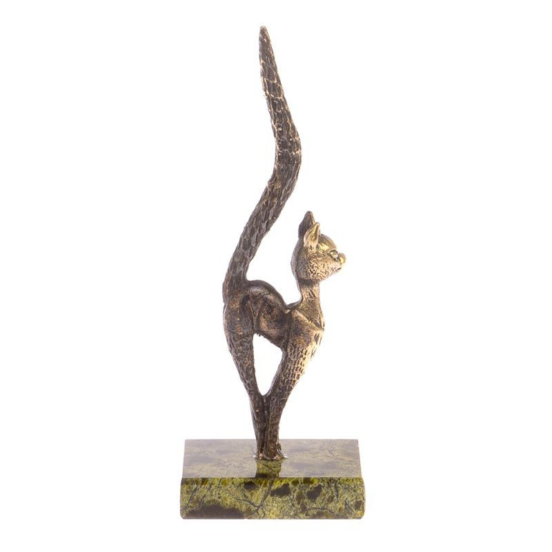 Бронзовая статуэтка Кошка с длинным хвостом на подставке из змеевикаФото 27328-03.jpg