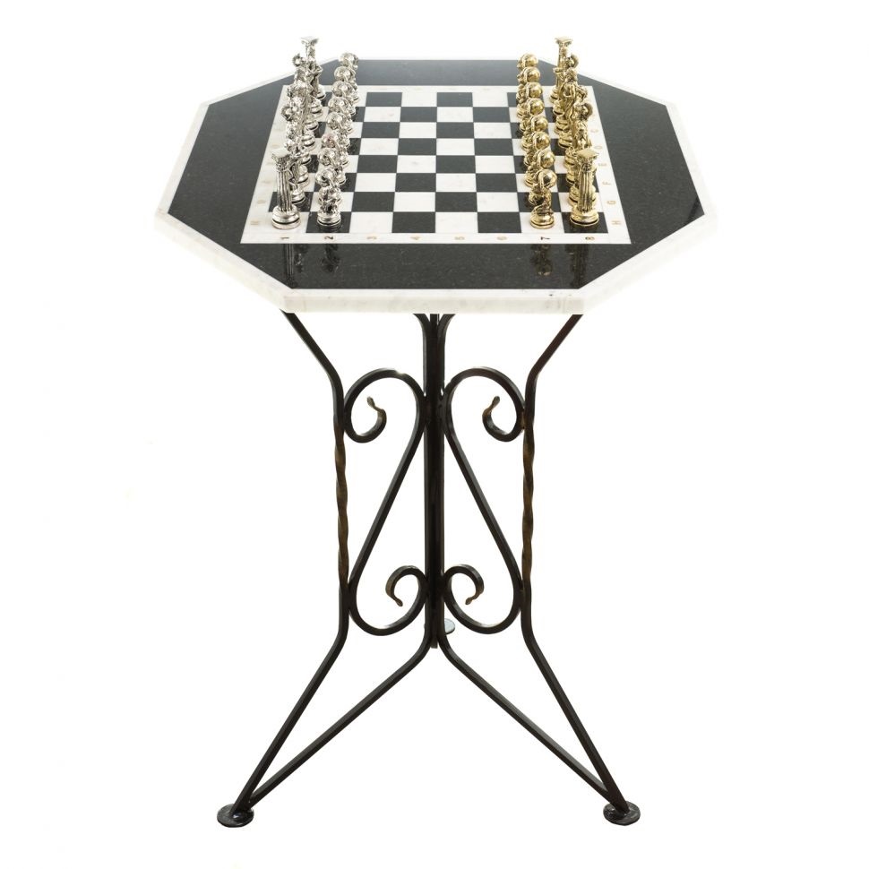 Шахматный стол "Атлас" мрамор, змеевик на металлической подставке