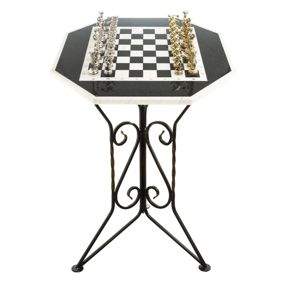 Шахматный стол "Дискобол" мрамор, змеевик на металлической подставкеФото 27692-01.jpg