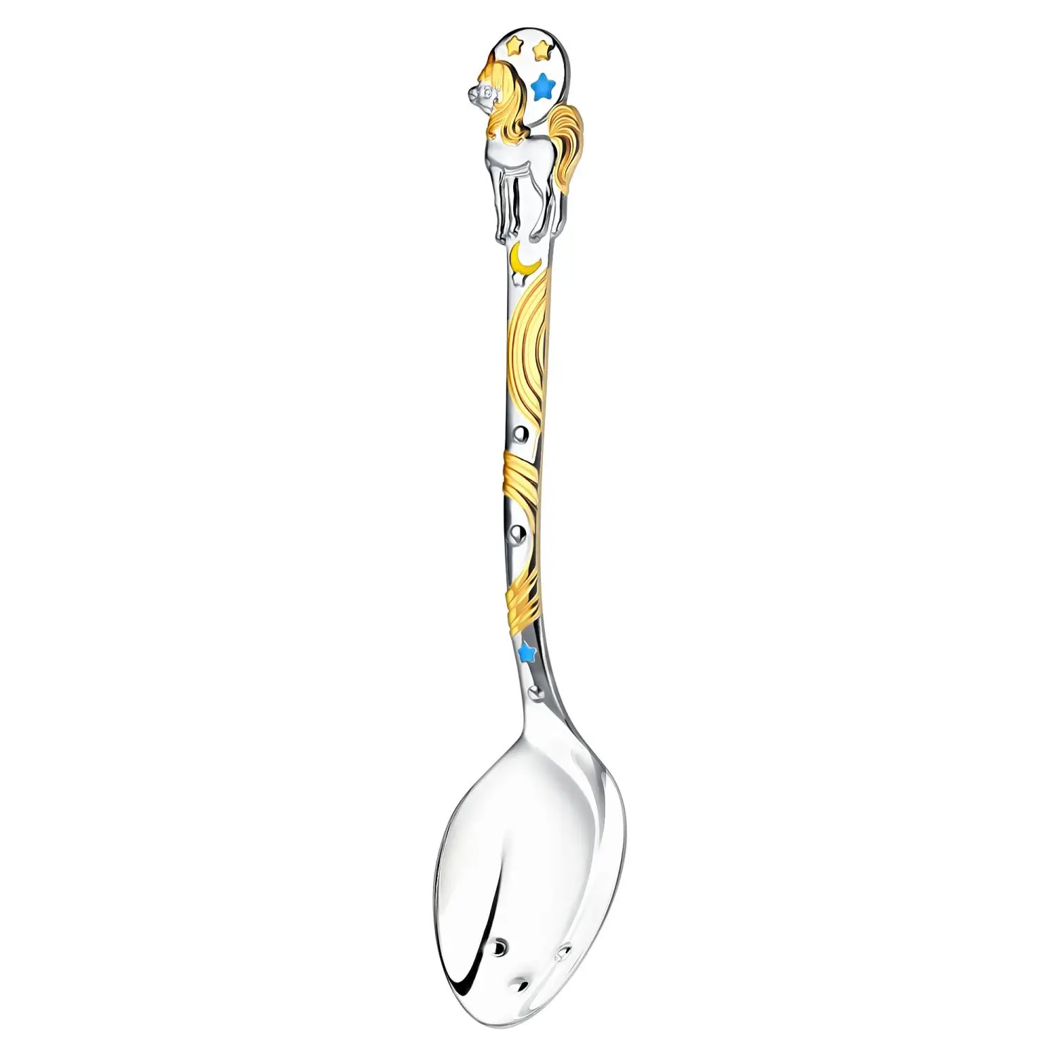 Серебряная детская ложка DoDo Единорог с позолотой и голубой эмалью