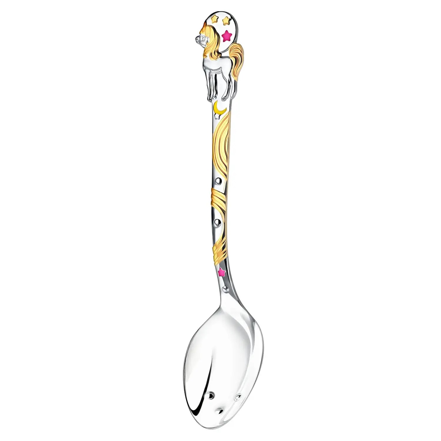 Серебряная детская ложка DoDo Единорог с позолотой и розовой с эмалью 