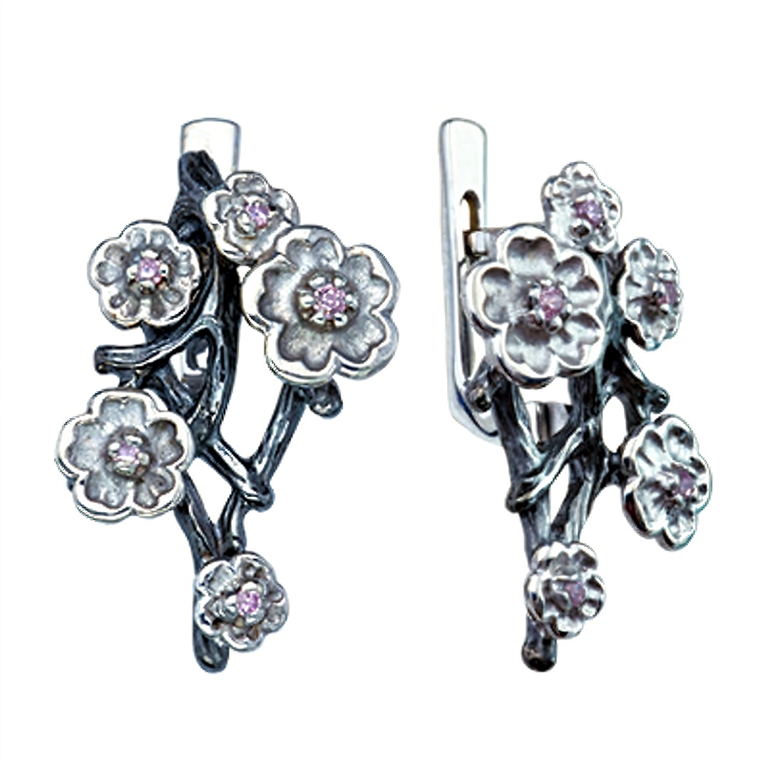 Серебряные серьги Сакура с фианитами