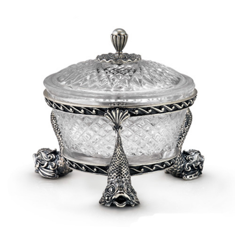 Серебряная икорница Рыбки-1 с крышкой