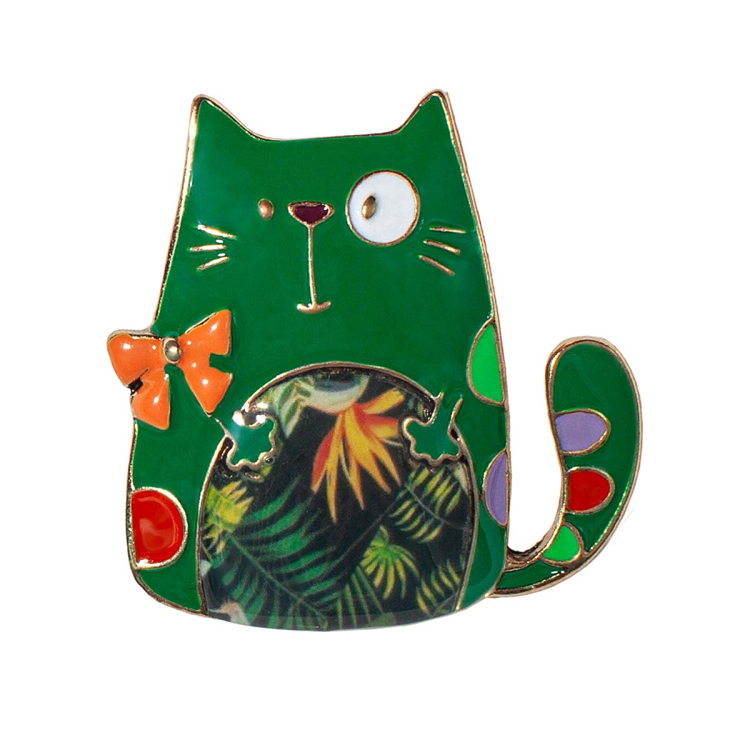 Shadore Брошь Кот зеленый с бантом