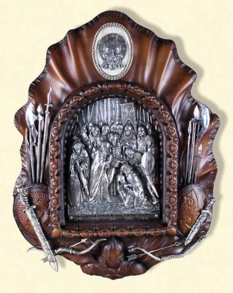 Серебряная икона в деревянном киоте Благословение Дмитрия Донского Сергеем Радонежским