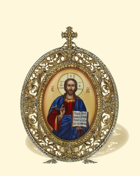 Серебряная икона настольная с финифтьевым образом Нерукотворный образ Иисуса Христа
